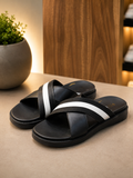 Bally Black and White Striped Criss-Cross Men’s Leather slipper