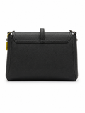 BLACK LEATHER FLAP BAG WITH QUILTED DIAMOND PATTERN AND SILVER HARDWARE LADIES SLING BAG