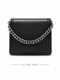 ELEGANT BLACK FLAP BAG WITH CURB CHAIN ACCENT LADIES SLING BAG