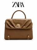 ZRA TAN TOP-HANDLE SATCHEL BAG WITH GOLD MONOGRAM HARDWARE LADIES SLING BAG