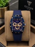 Guess Phoenix Men's Blue & Gold-Tone Multi-Function silicon strap original Watch